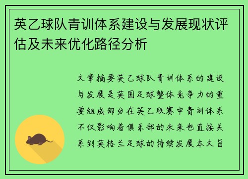 英乙球队青训体系建设与发展现状评估及未来优化路径分析 英乙球队青训体系建设与发展现状评估及未来优化路径分析