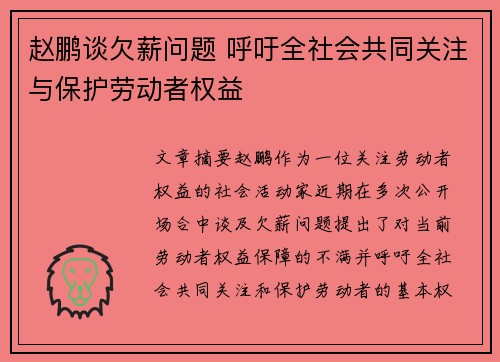 赵鹏谈欠薪问题 呼吁全社会共同关注与保护劳动者权益